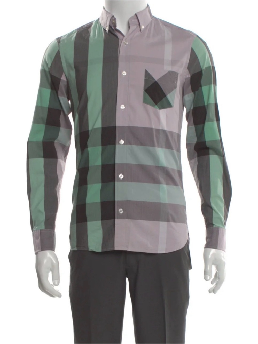 Burberry Men's Green and Lavender Plaid Button-Down Shirt